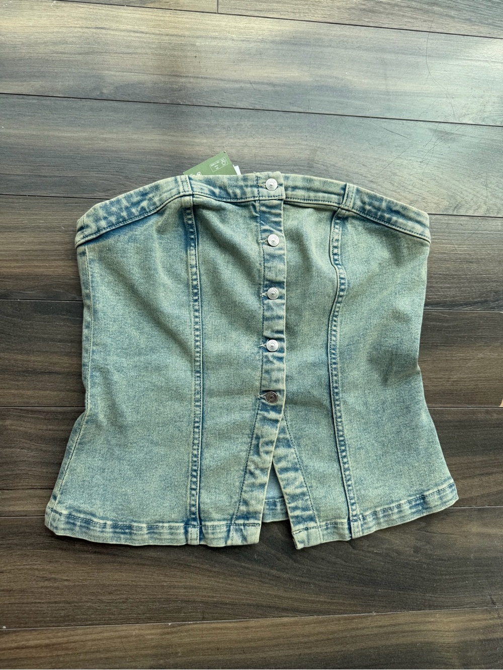 Button-Front Denim Strapless Corset Top - Light Blue